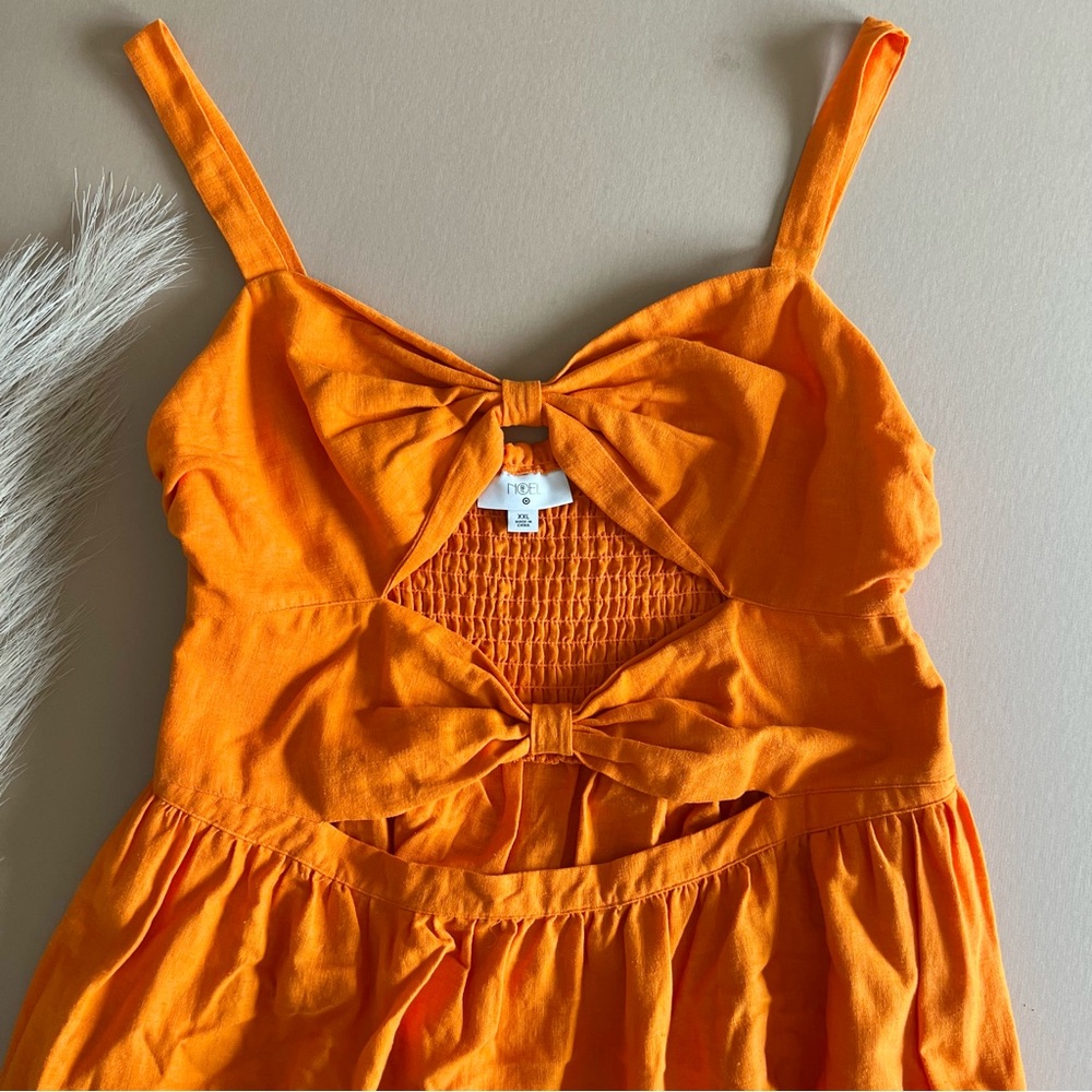Vibrant Orange Linen Blend Cutout Midi Dress - Picture 6 of 16